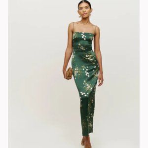 NWOT Reformation Frankie Silk Dress in Buena Green White Floral Maxi